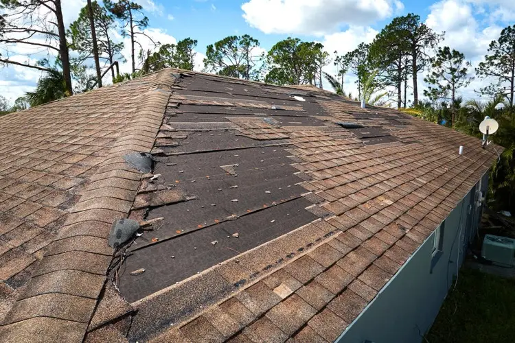 Close up of wind damaged shingle roof that needs to be replaced