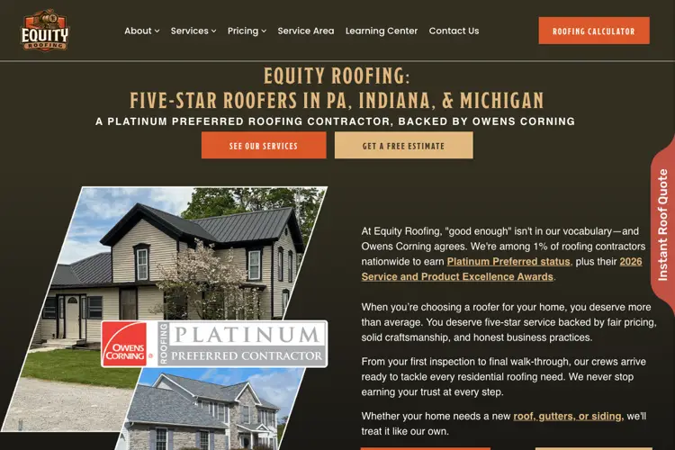 Equity Roofing website homepage