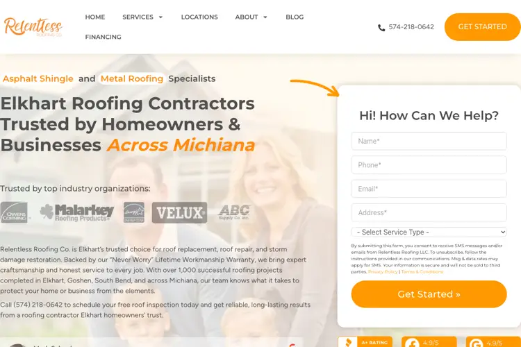 Relentless Roofing Co. website homepage
