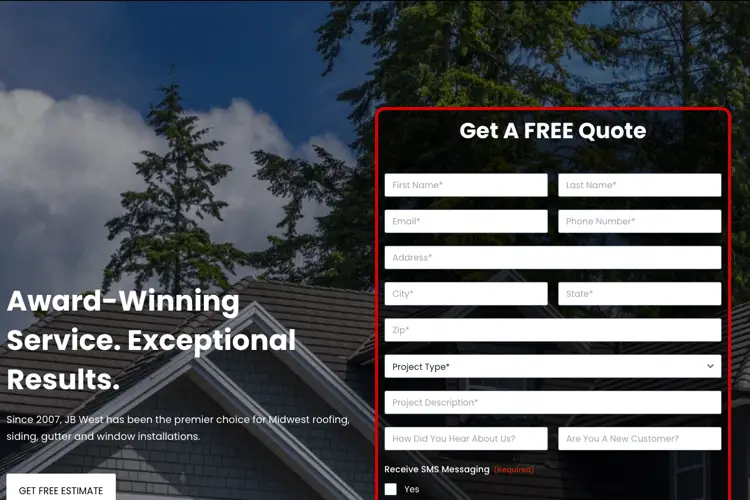 JB West Roofing & Construction website homepage