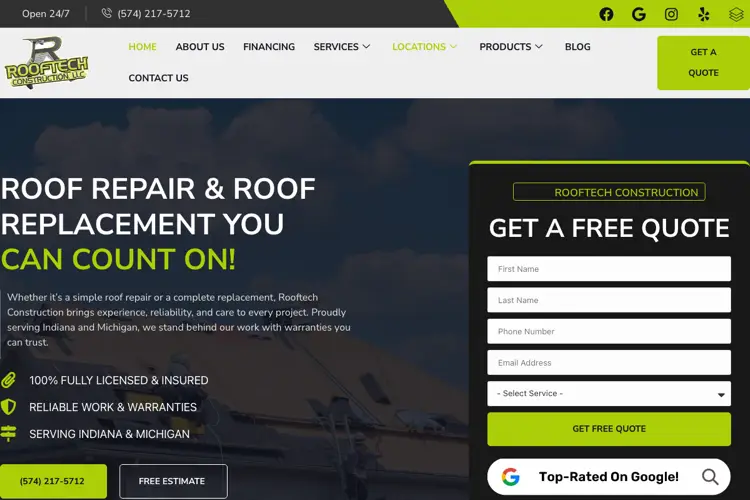 Roof Tech Construction website homepage