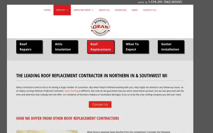 Gean Roofing website homepage