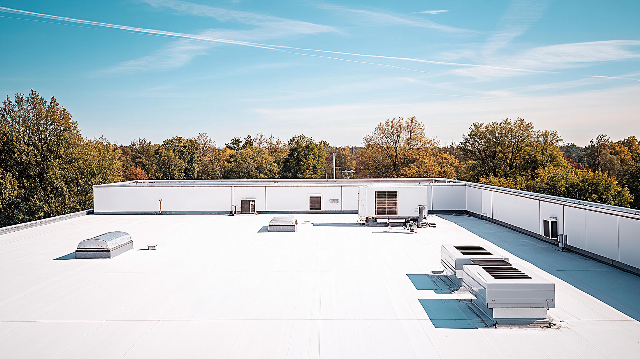 commercial roof inspection-tpo roofing on commercial building with trees and blue skies in background